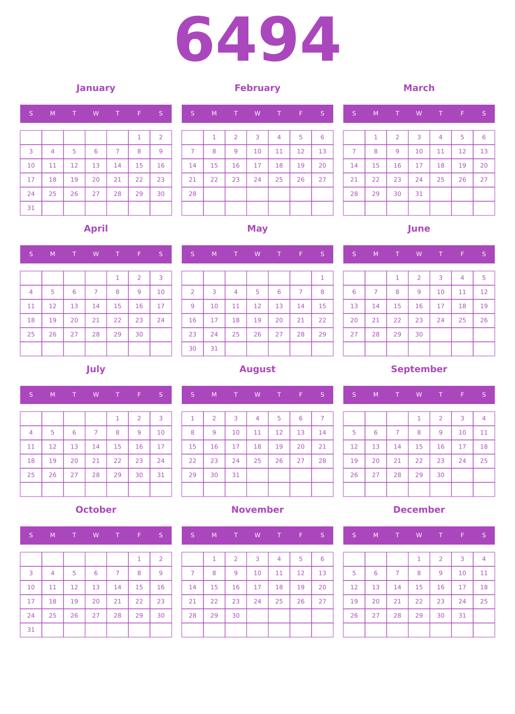 Printable 6494 Year Calendars purple