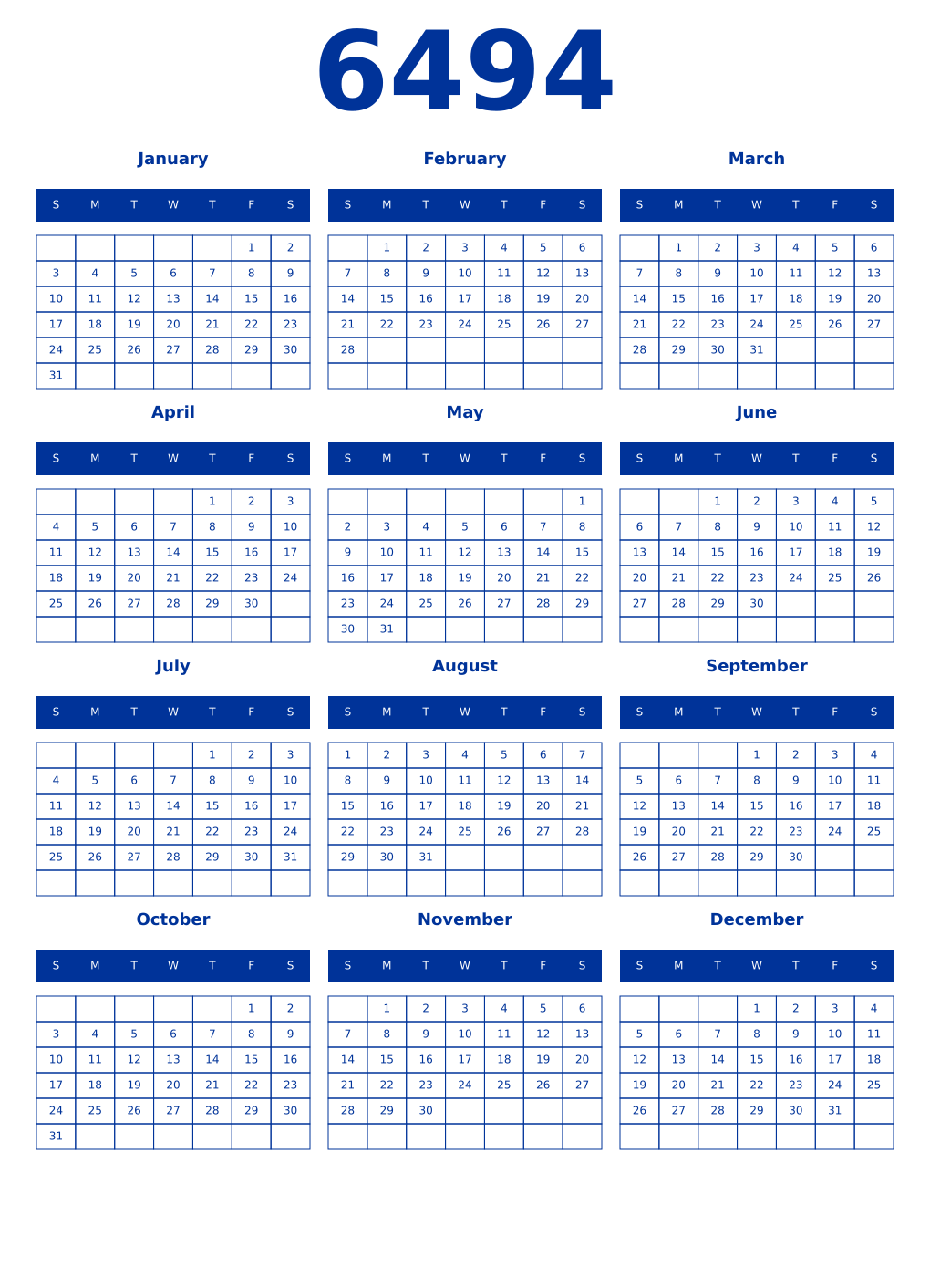 Printable 6494 Year Calendars smalt