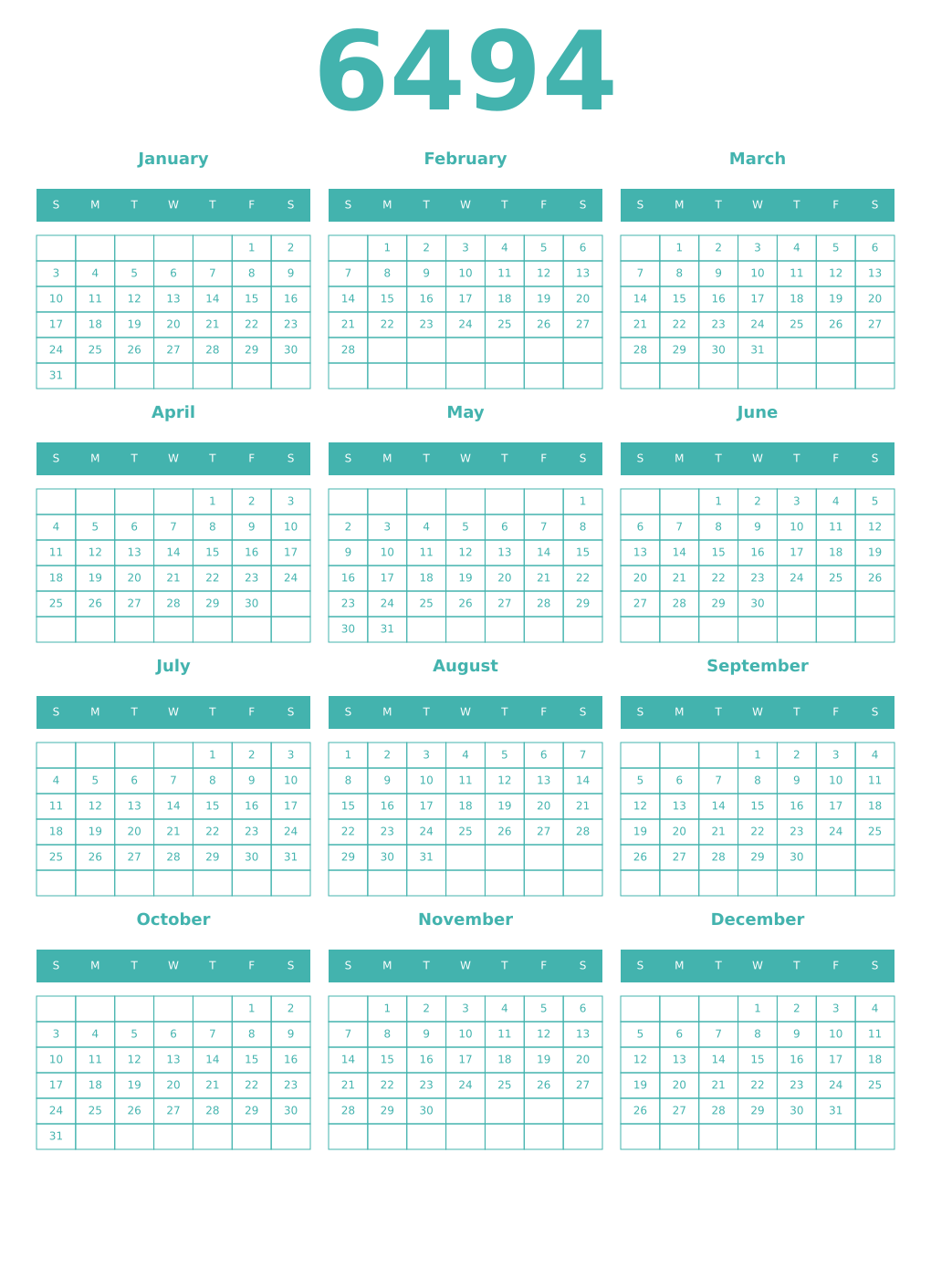 Printable 6494 Year Calendars verdigris