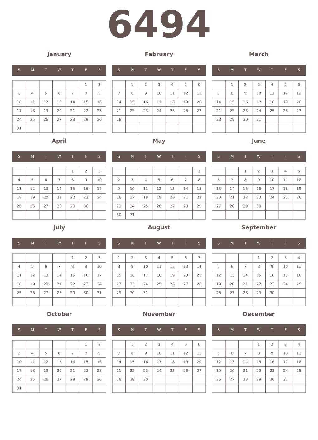 Printable 6494 Year Calendars wenge