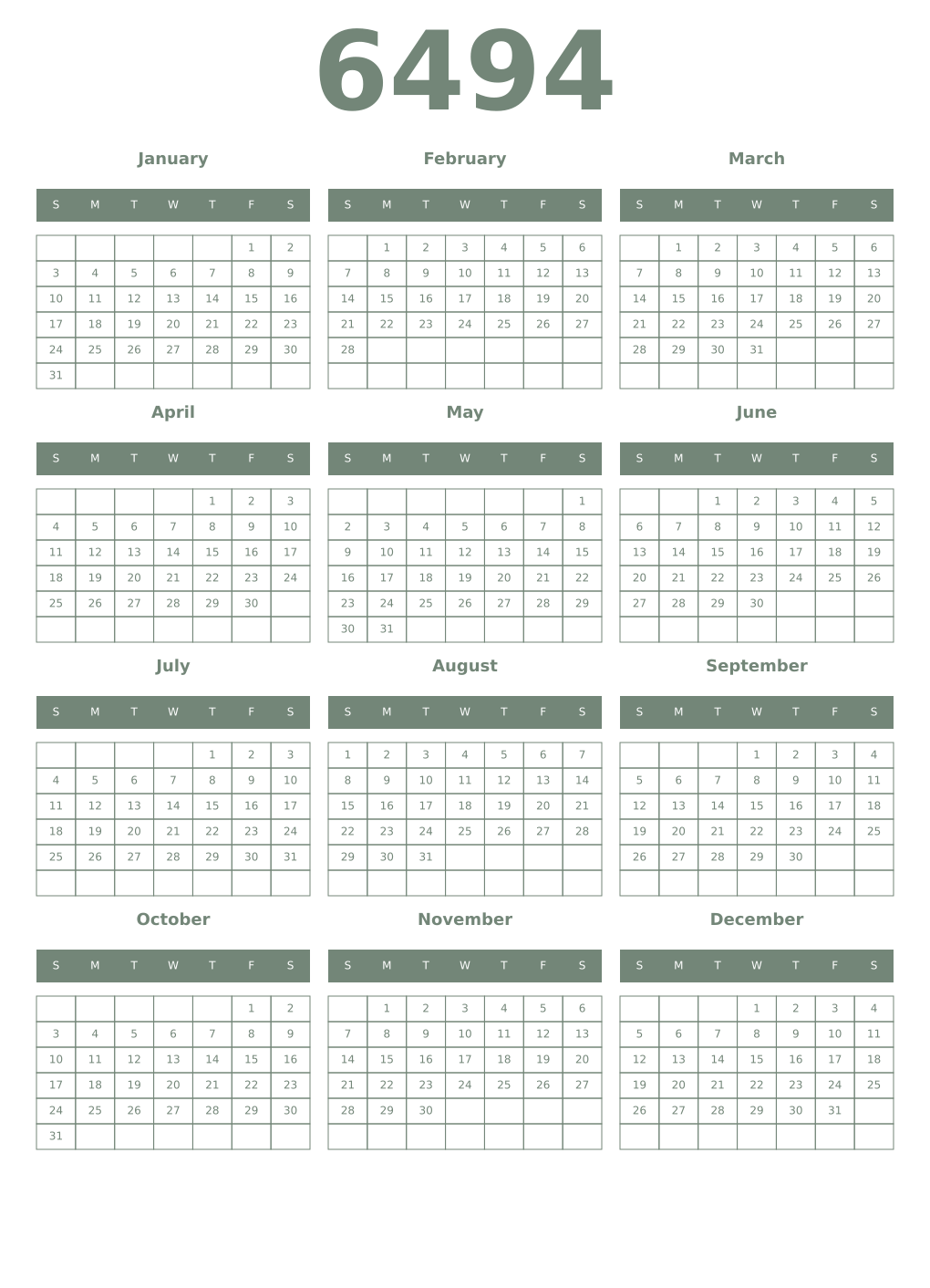Printable 6494 Year Calendars xanadu