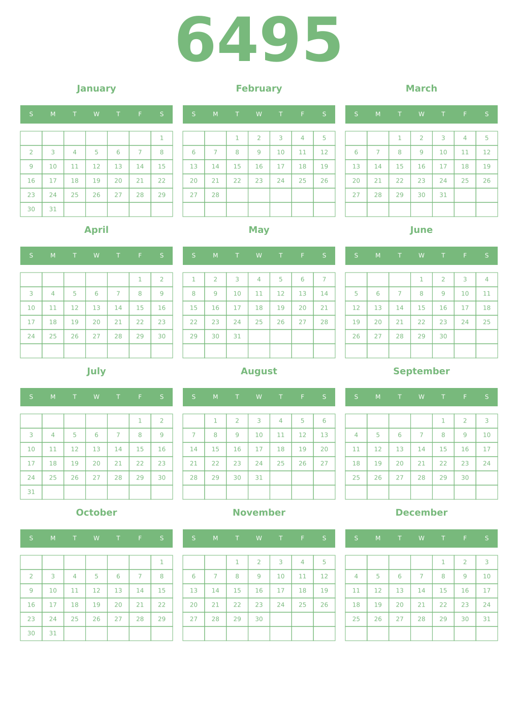 Printable 6495 Year Calendars celadon