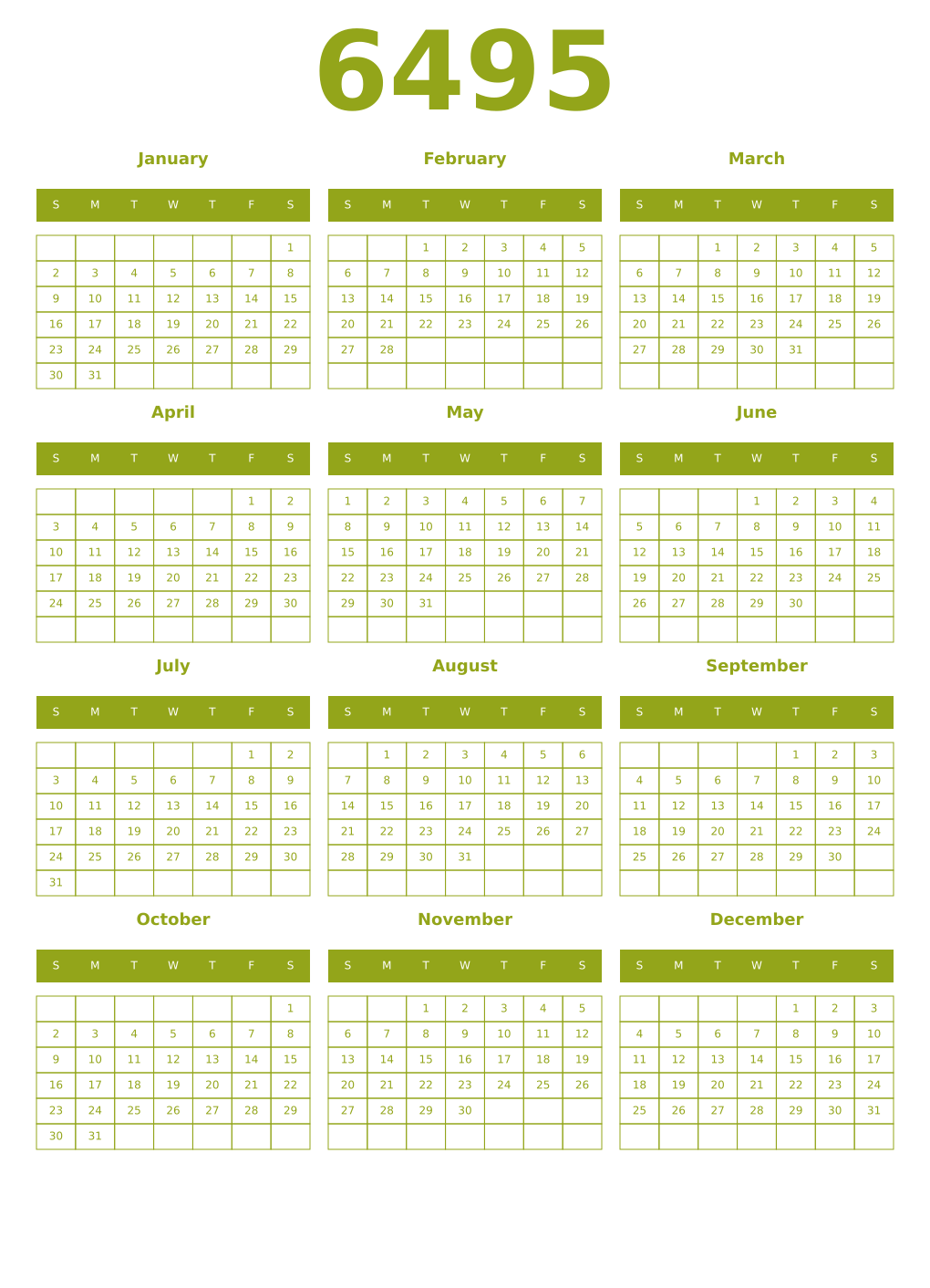 Printable 6495 Year Calendars chartreuse