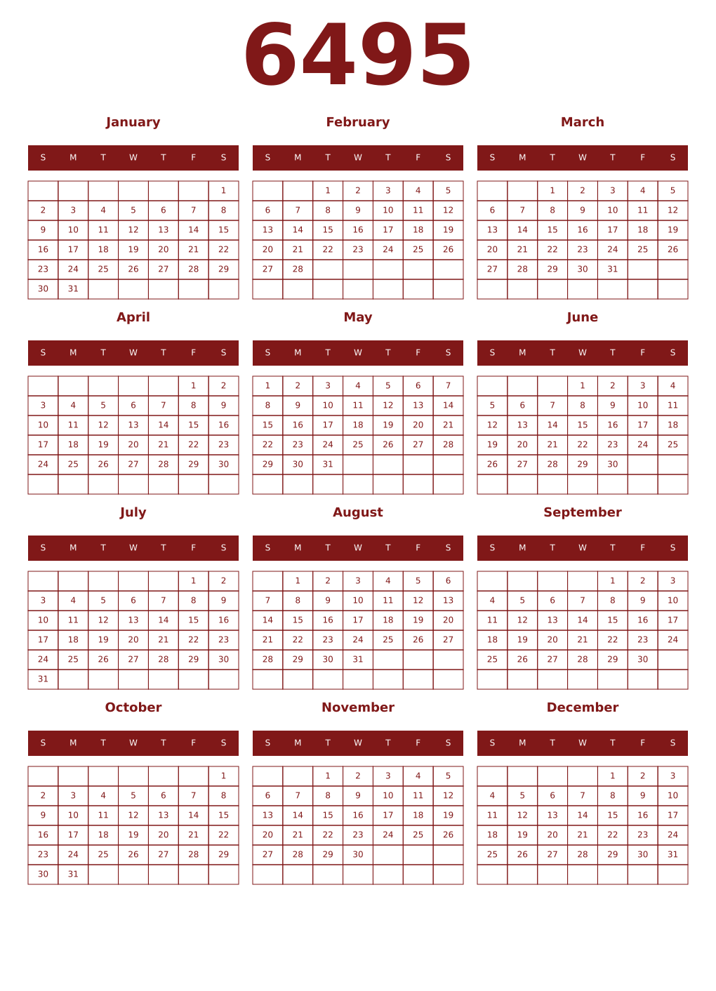 Printable 6495 Year Calendars falu