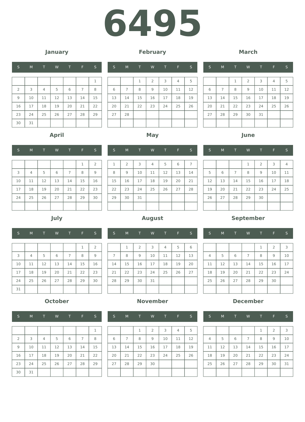 Printable 6495 Year Calendars feldgrau