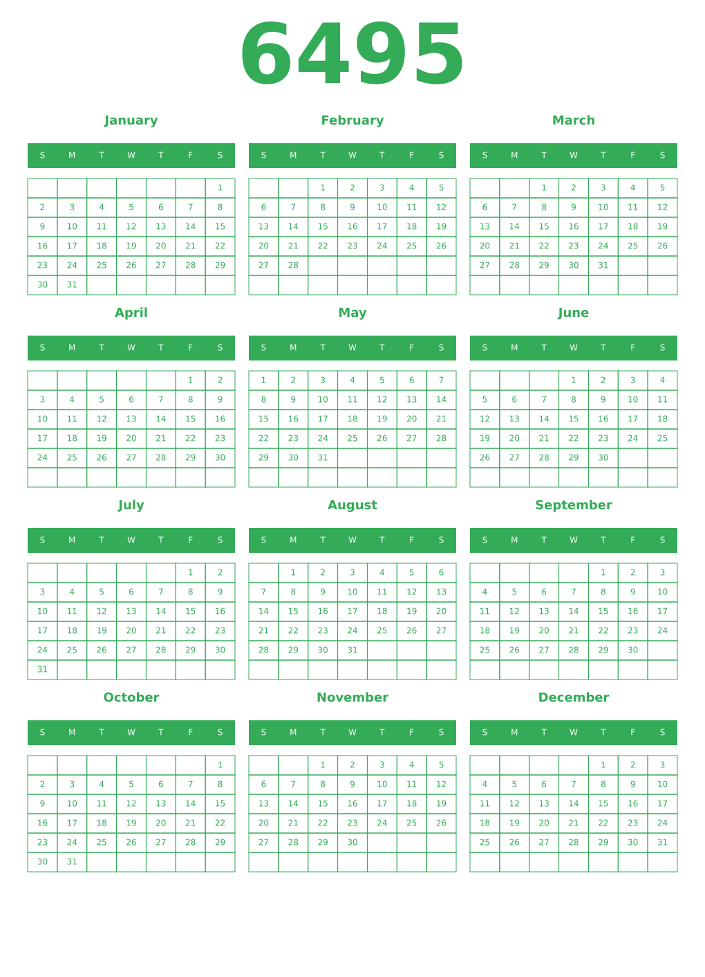 Printable 6495 Year Calendars green
