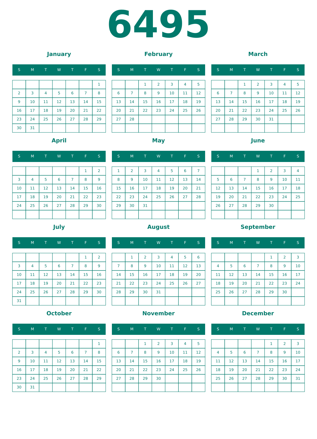 Printable 6495 Year Calendars pastel