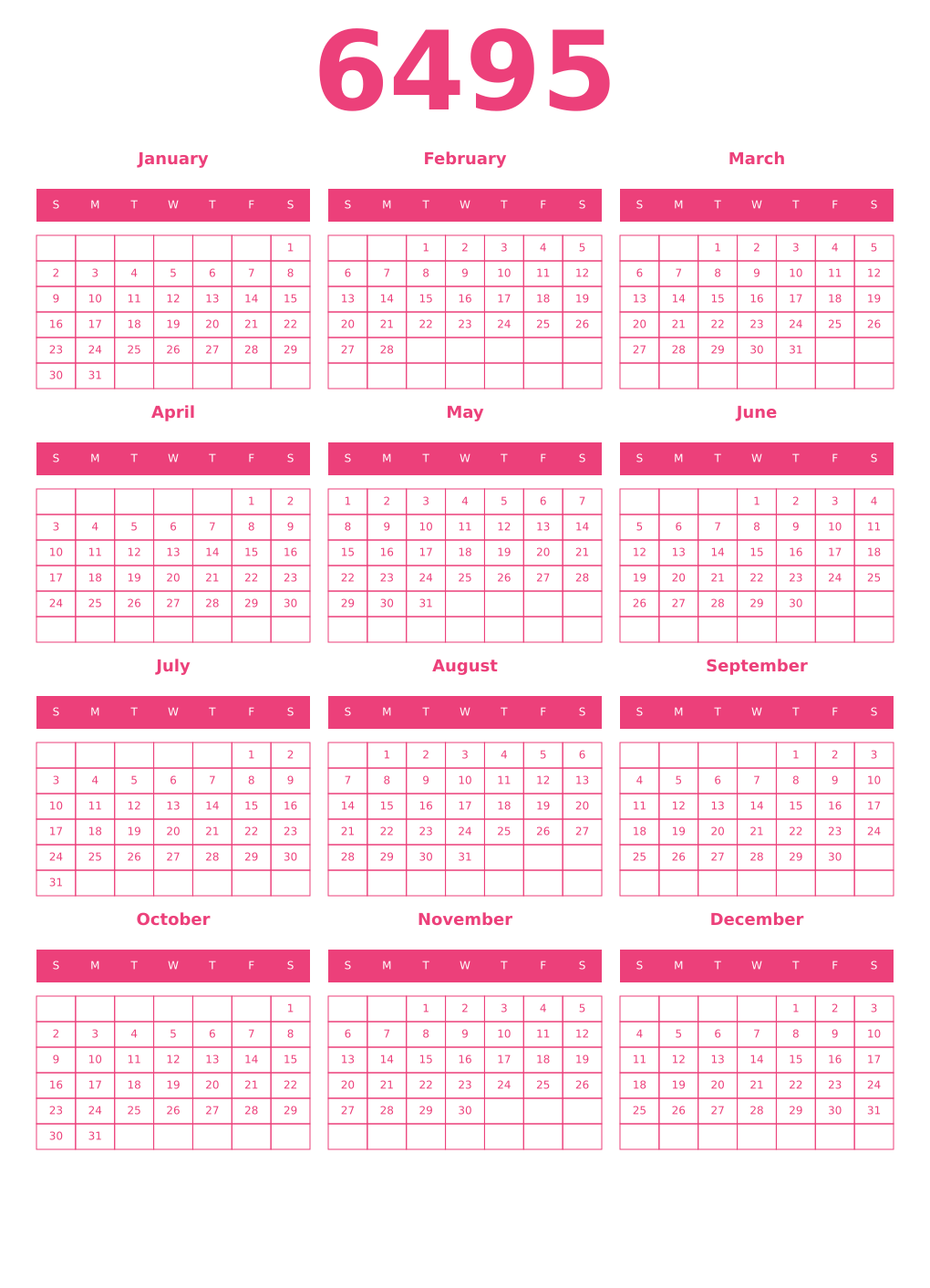 Printable 6495 Year Calendars pink
