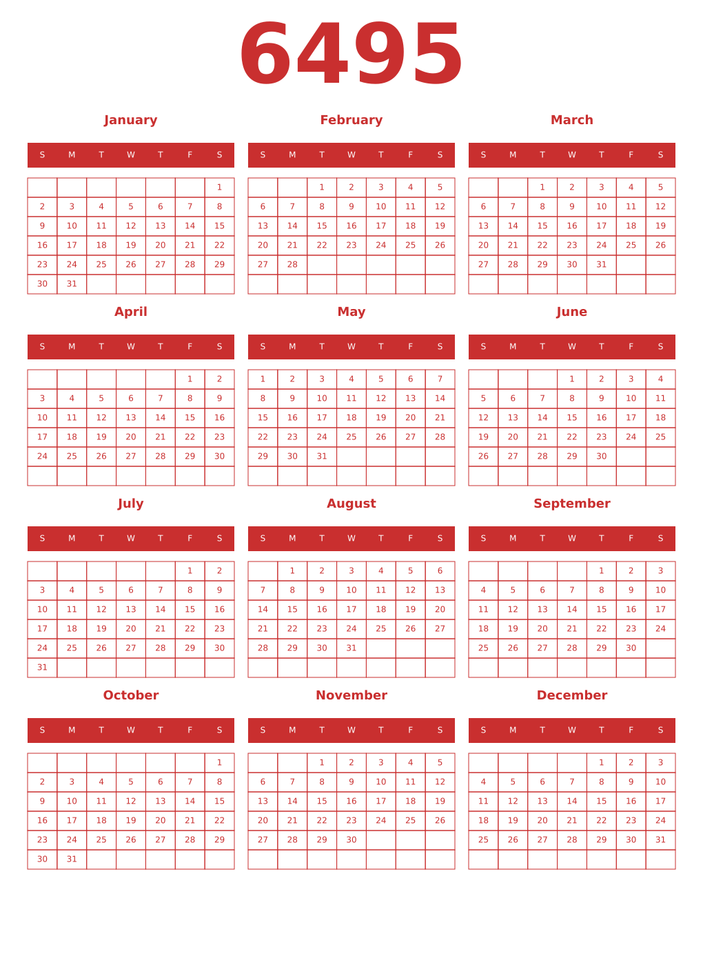Printable 6495 Year Calendars red