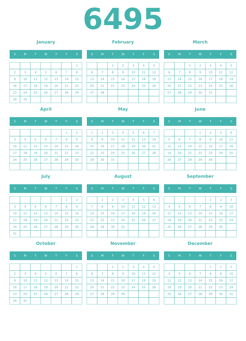 Printable 6495 Year Calendars verdigris