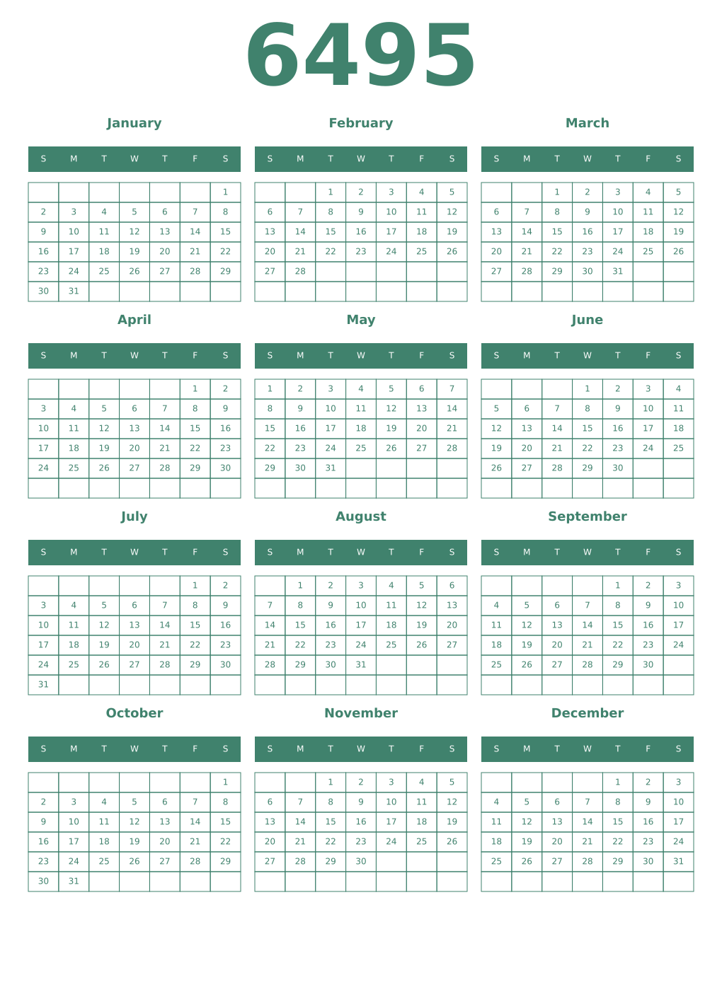 Printable 6495 Year Calendars viridian