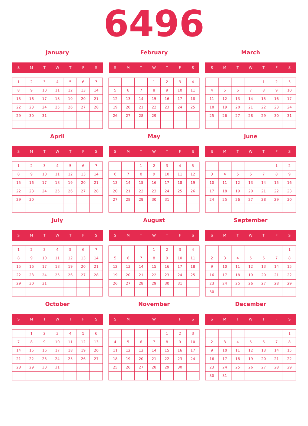 Printable 6496 Year Calendars amaranth