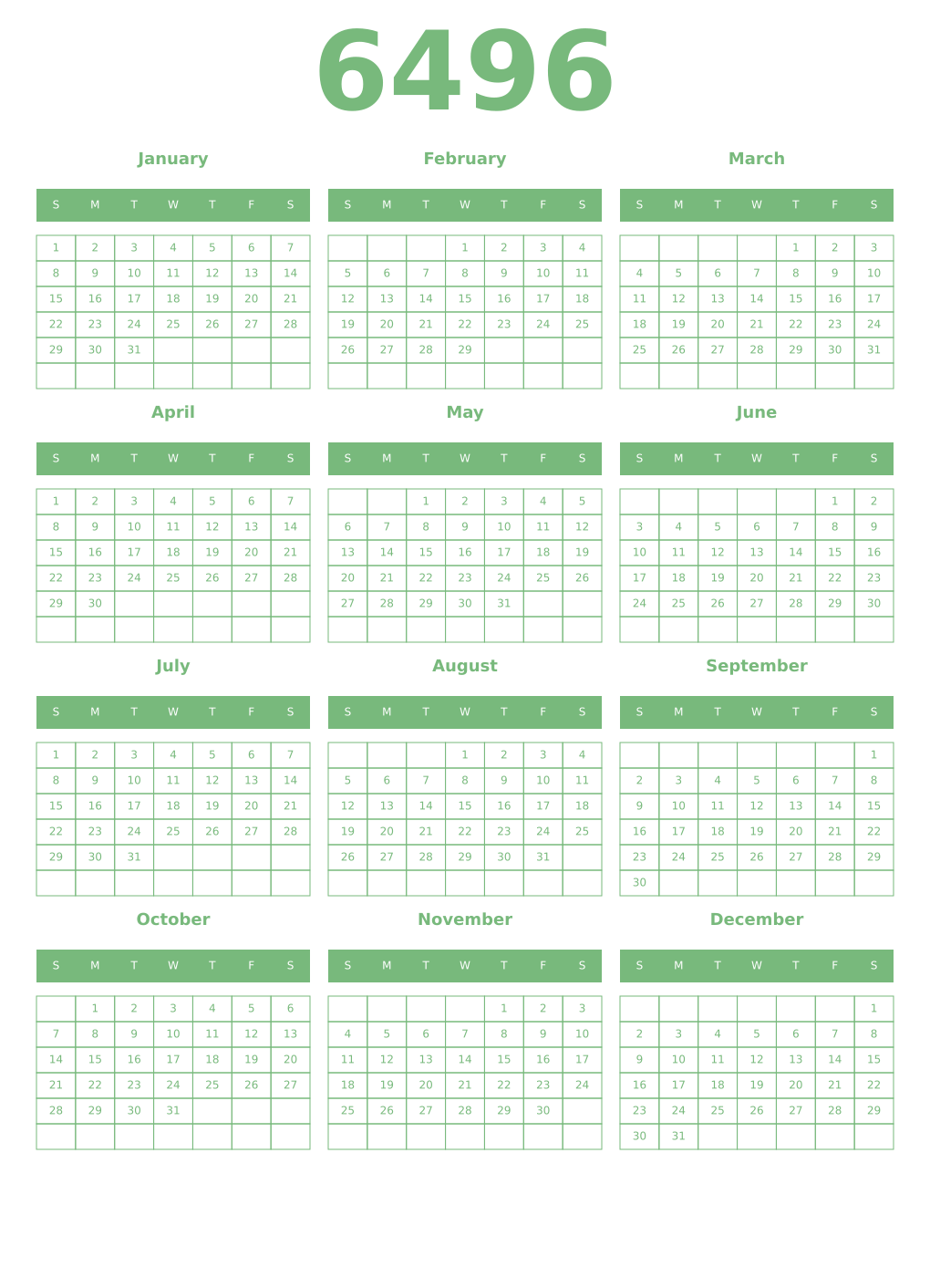 Printable 6496 Year Calendars celadon