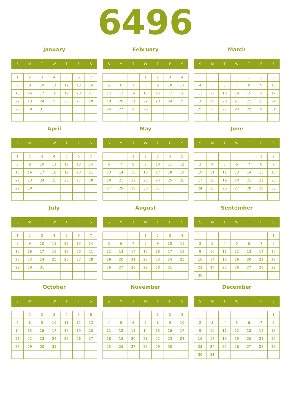 Printable 6496 Year Calendars chartreuse