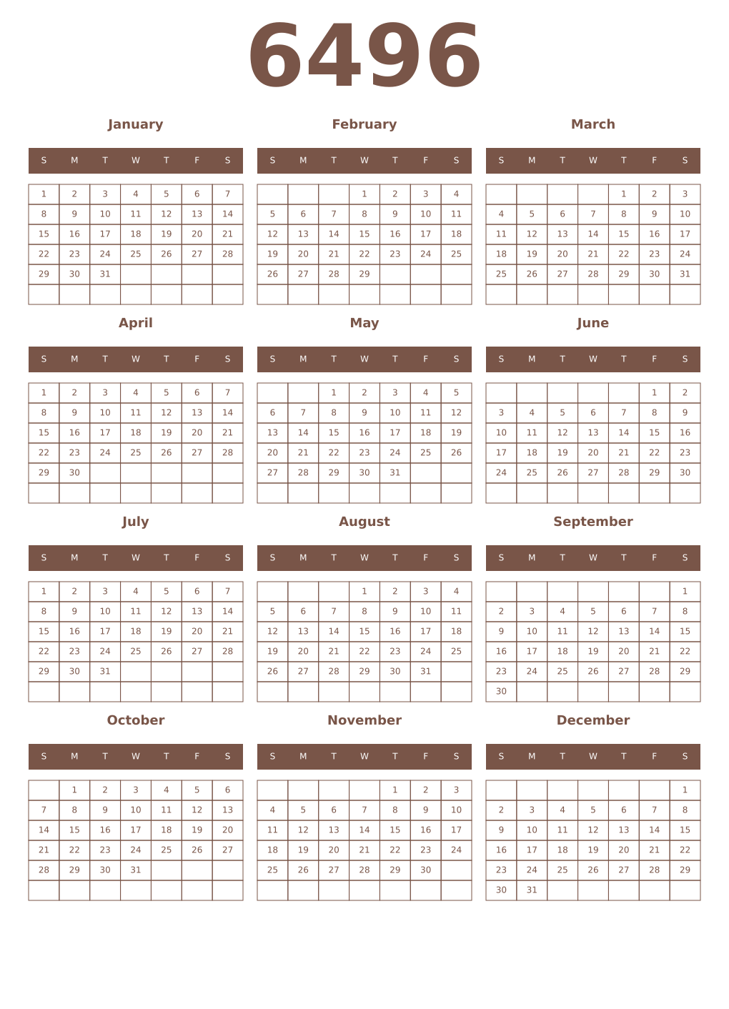 Printable 6496 Year Calendars coffe