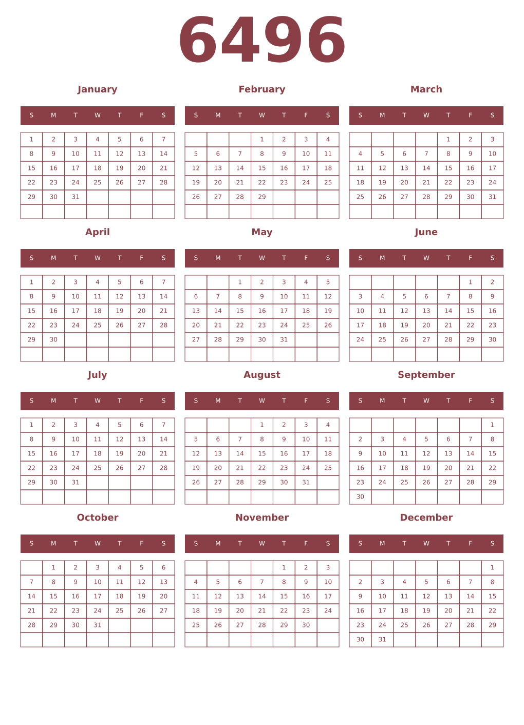 Printable 6496 Year Calendars cordovan