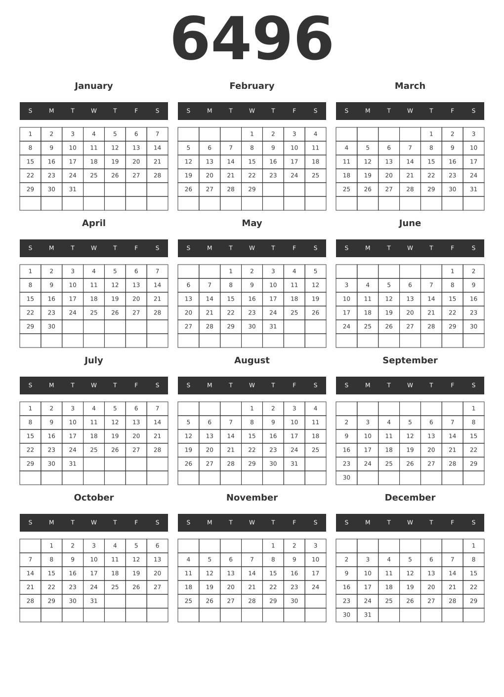 Printable 6496 Year Calendars dark
