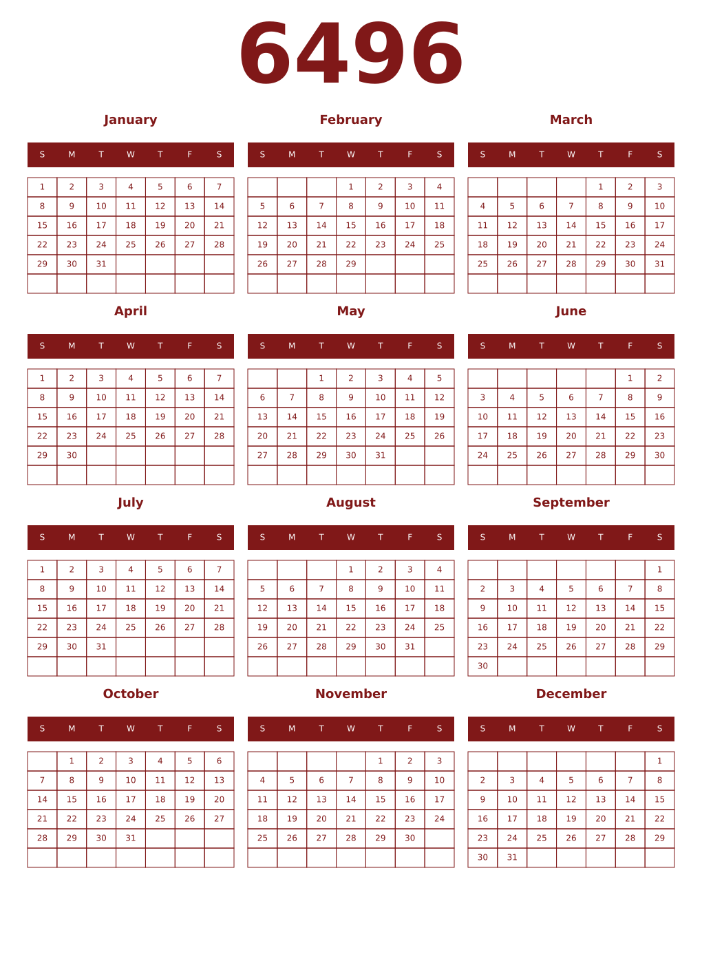 Printable 6496 Year Calendars falu
