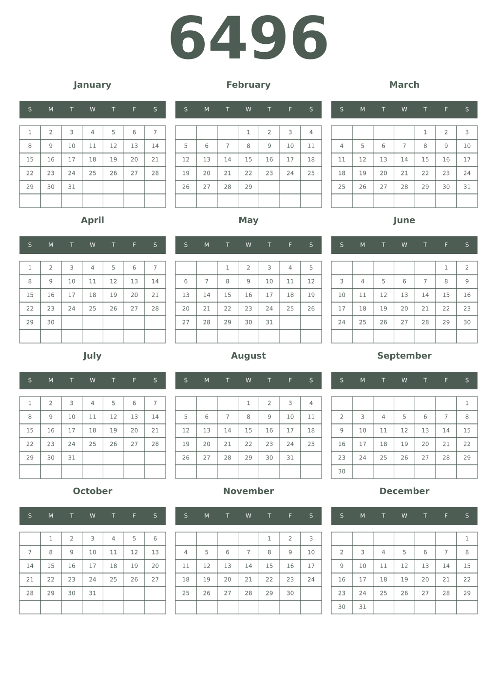 Printable 6496 Year Calendars feldgrau