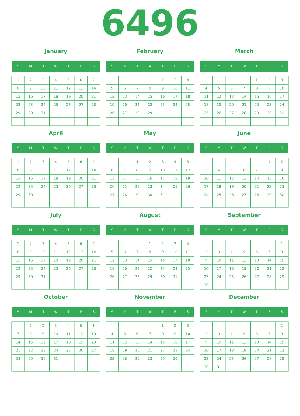 Printable 6496 Year Calendars green