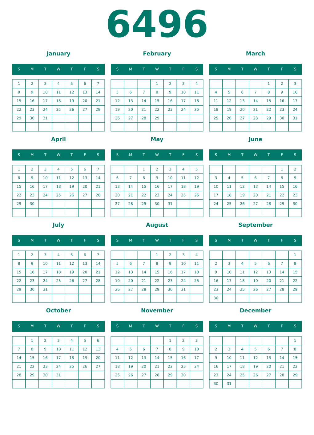 Printable 6496 Year Calendars pastel