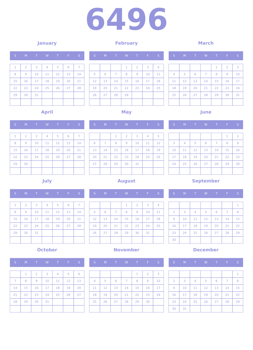 Printable 6496 Year Calendars periwinkle
