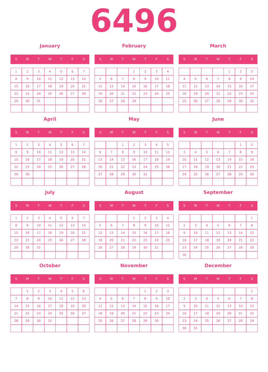 Printable 6496 Year Calendars pink