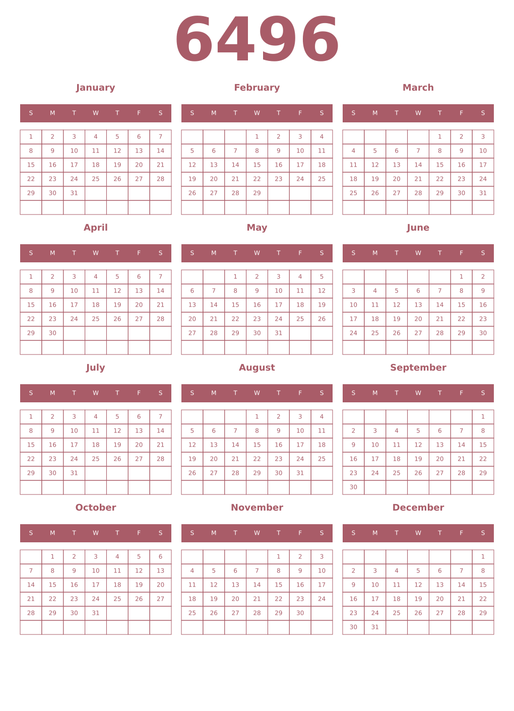 Printable 6496 Year Calendars puce