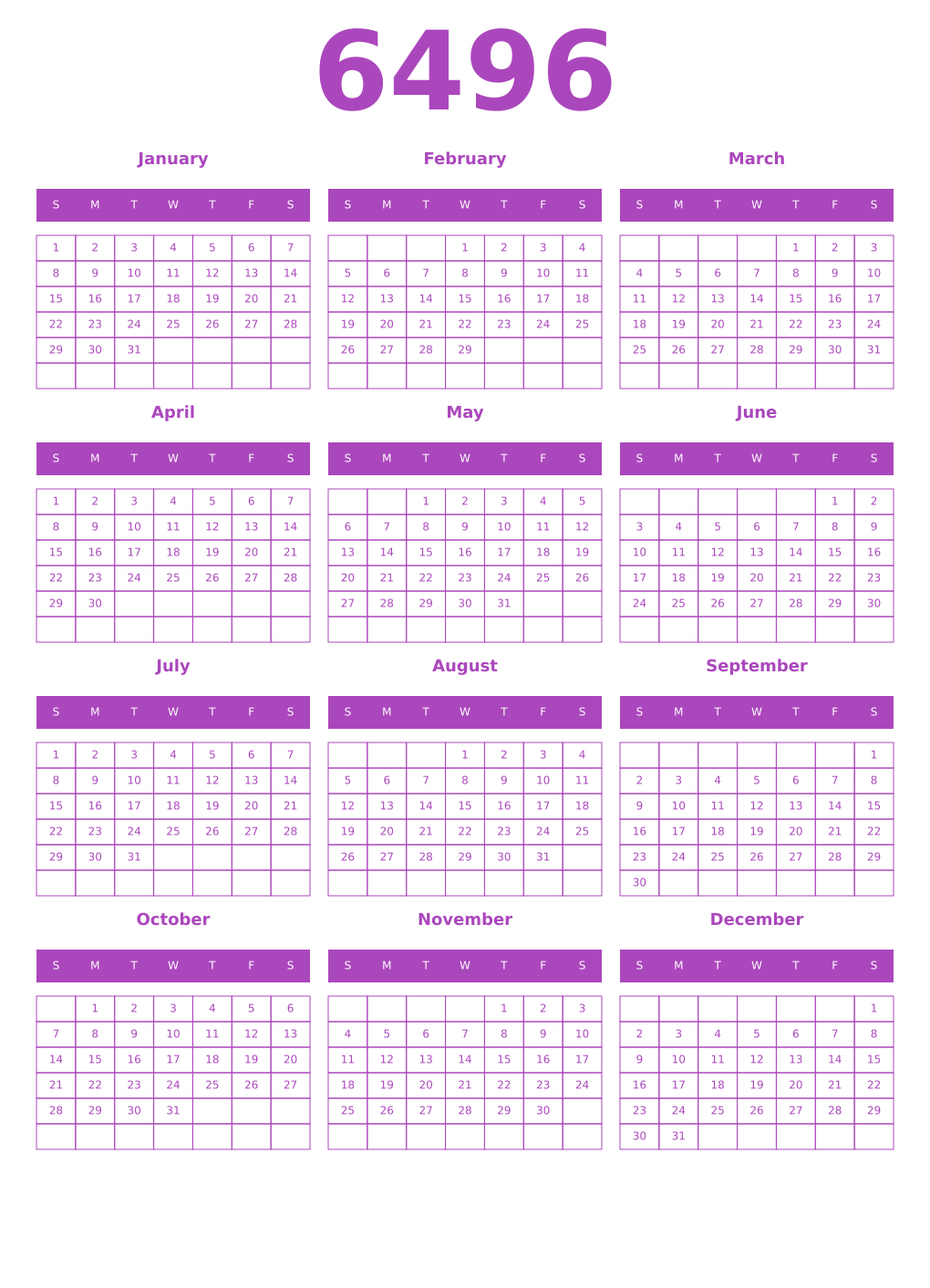 Printable 6496 Year Calendars purple