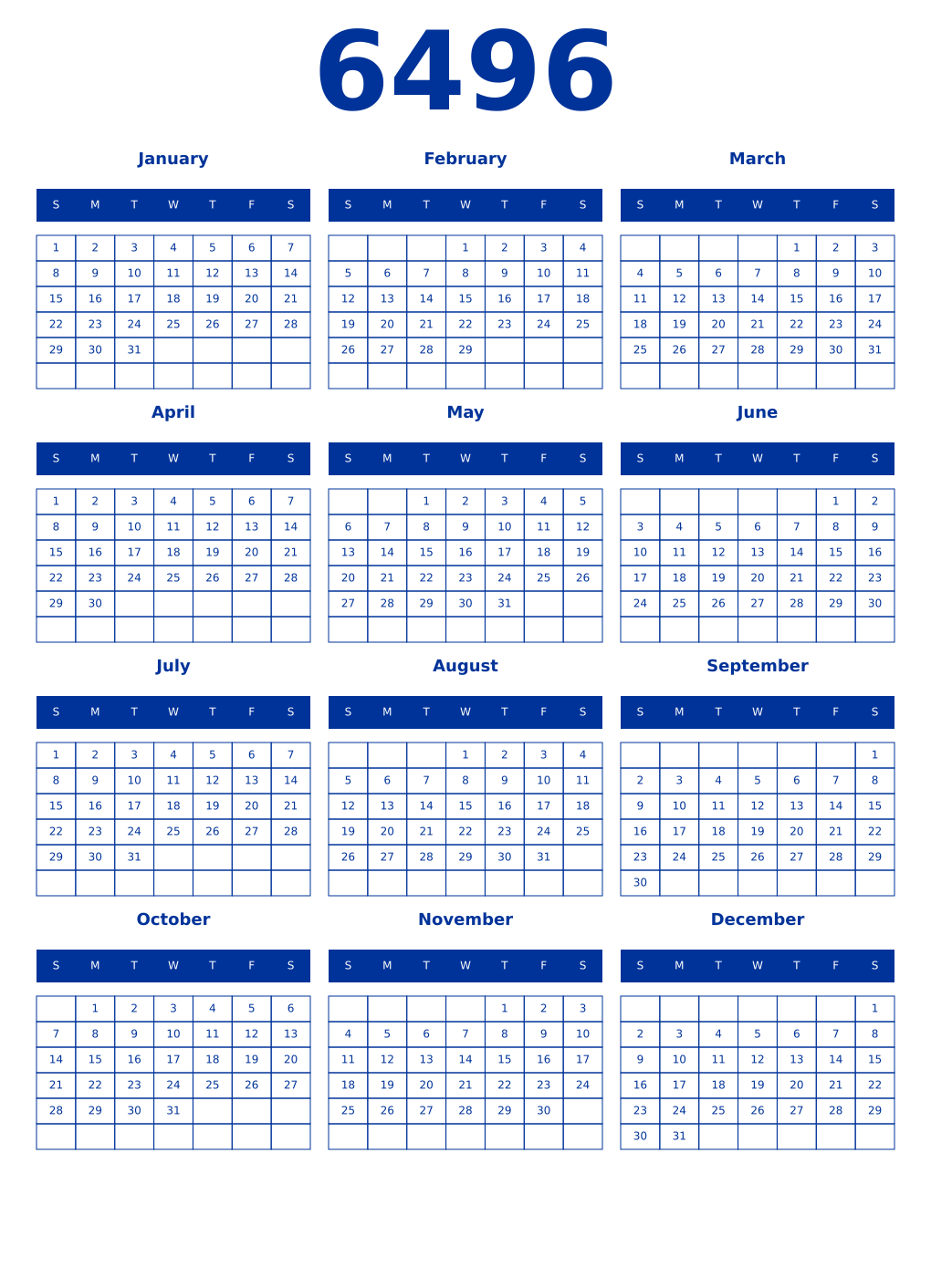 Printable 6496 Year Calendars smalt