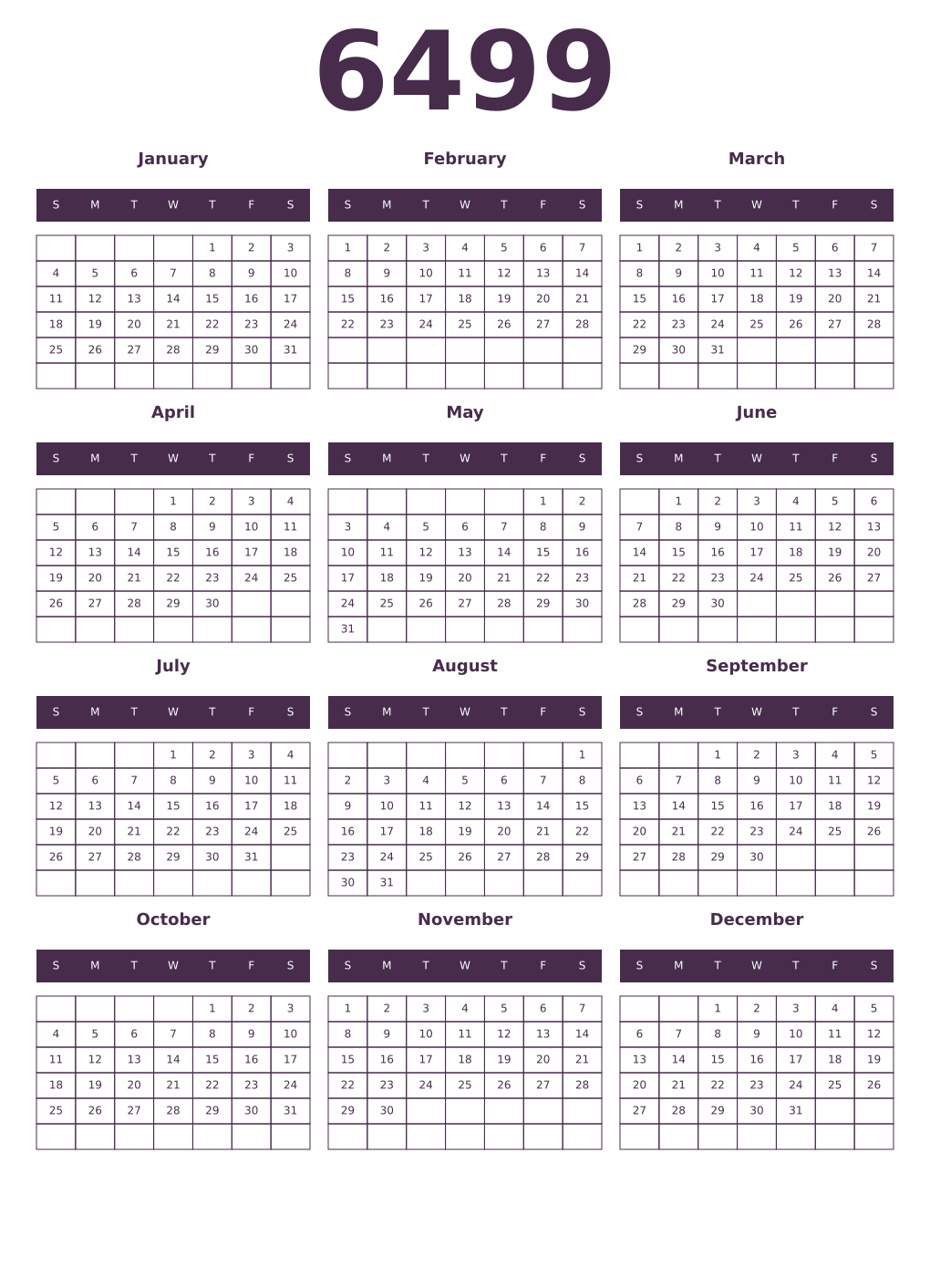 Printable 6499 Year Calendars aubergine
