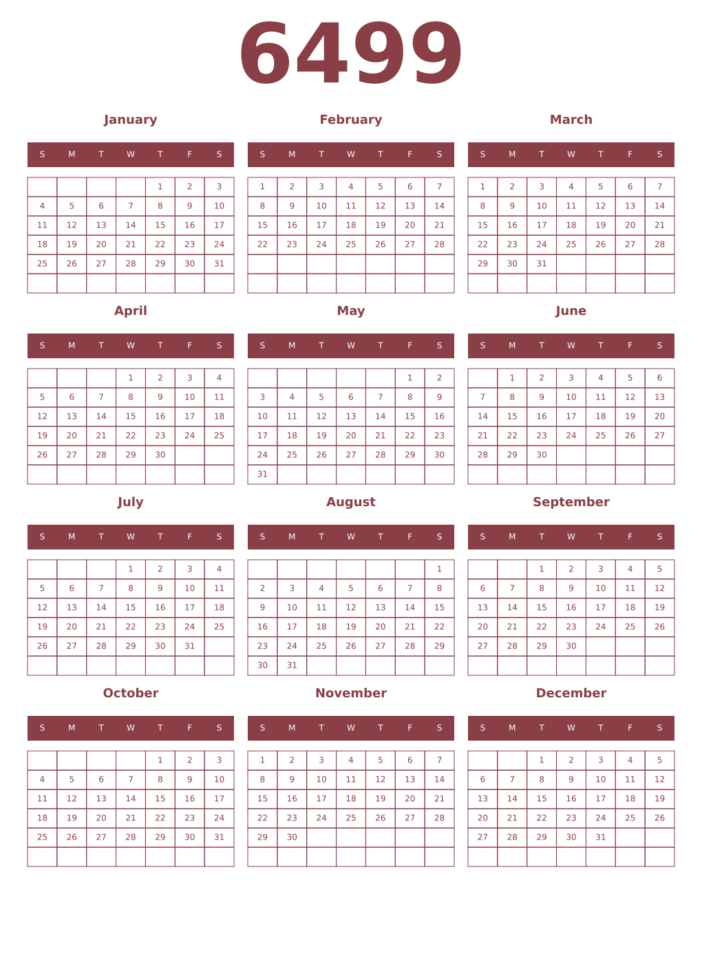Printable 6499 Year Calendars cordovan