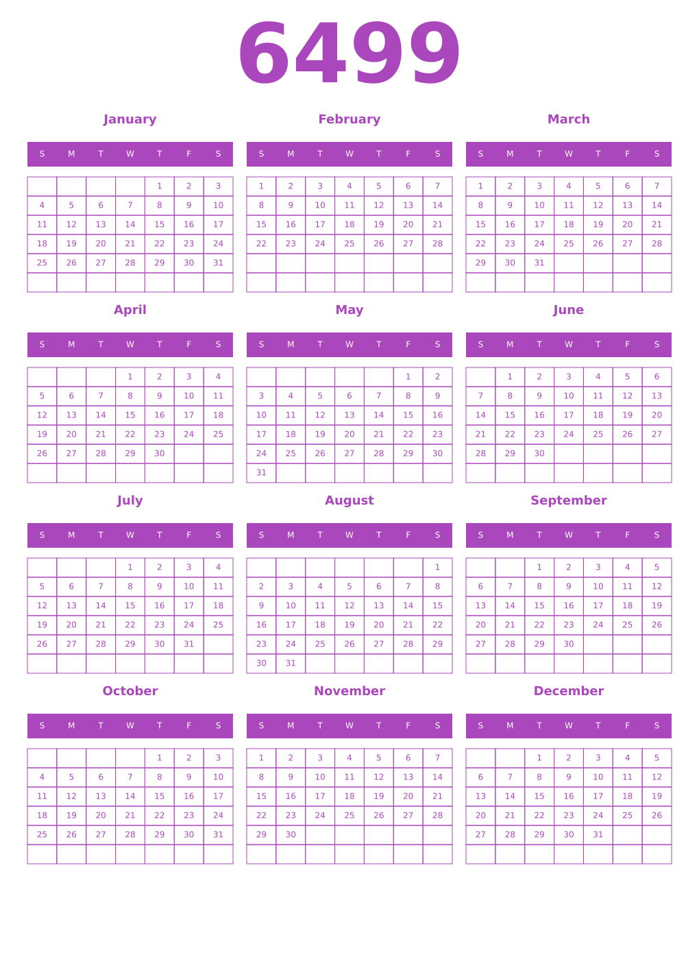 Printable 6499 Year Calendars purple