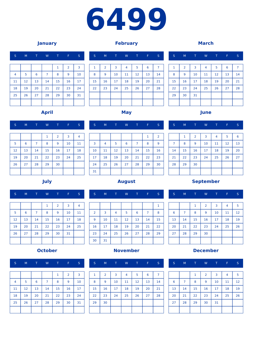 Printable 6499 Year Calendars smalt