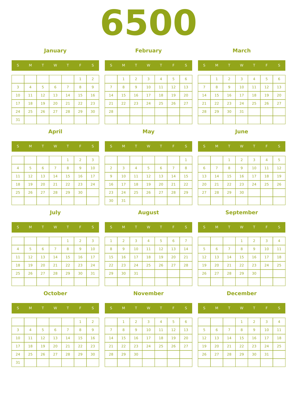 Printable 6500 Year Calendars chartreuse