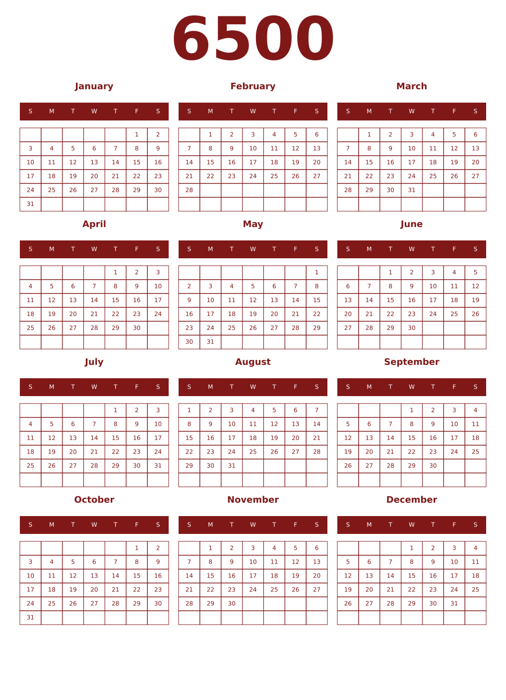 Printable 6500 Year Calendars falu