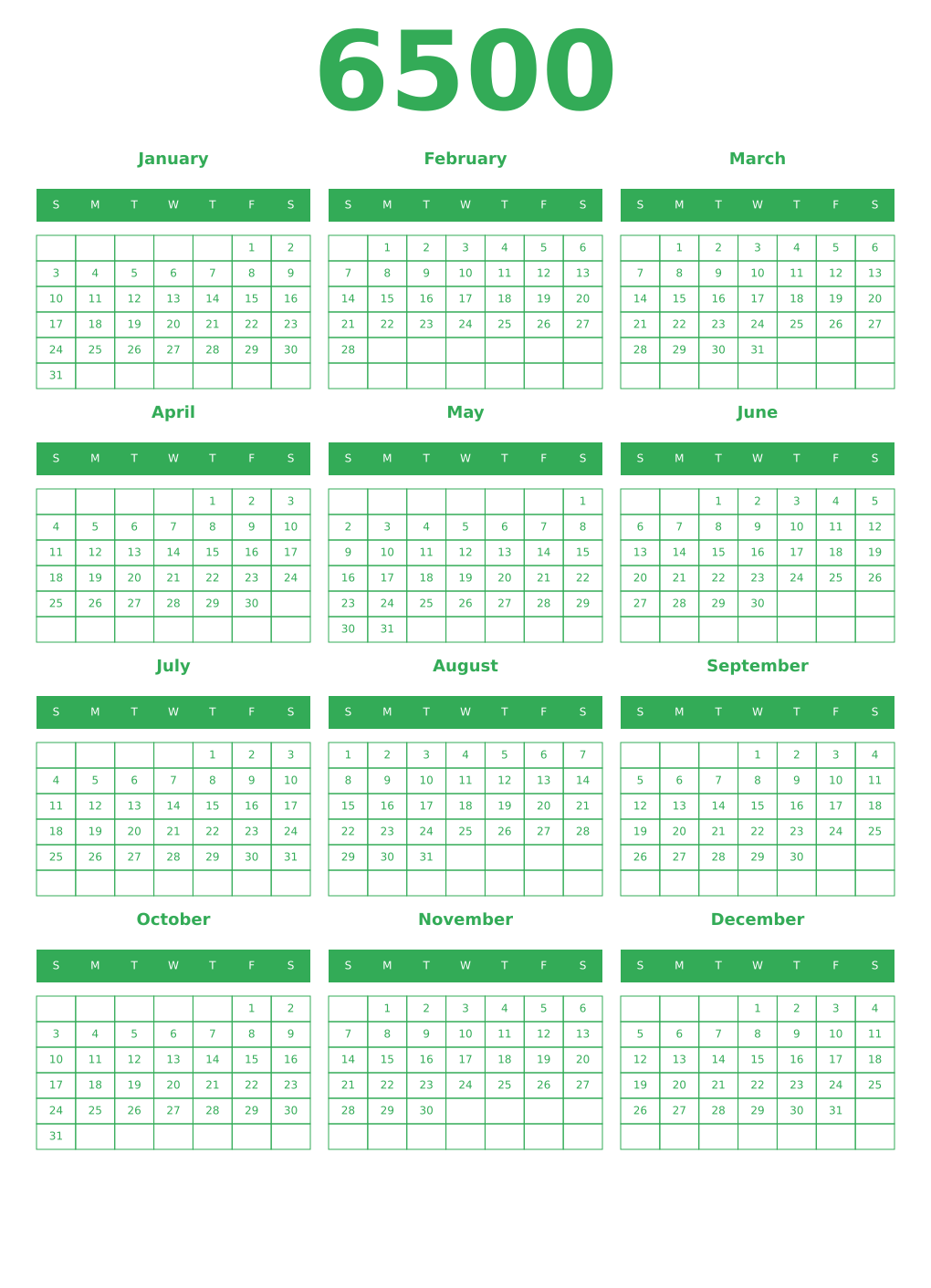 Printable 6500 Year Calendars green