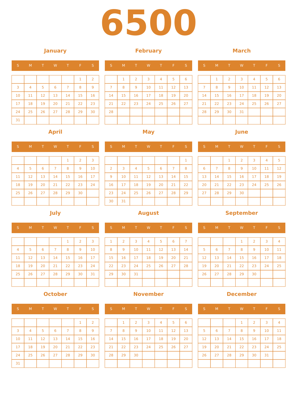 Printable 6500 Year Calendars orange