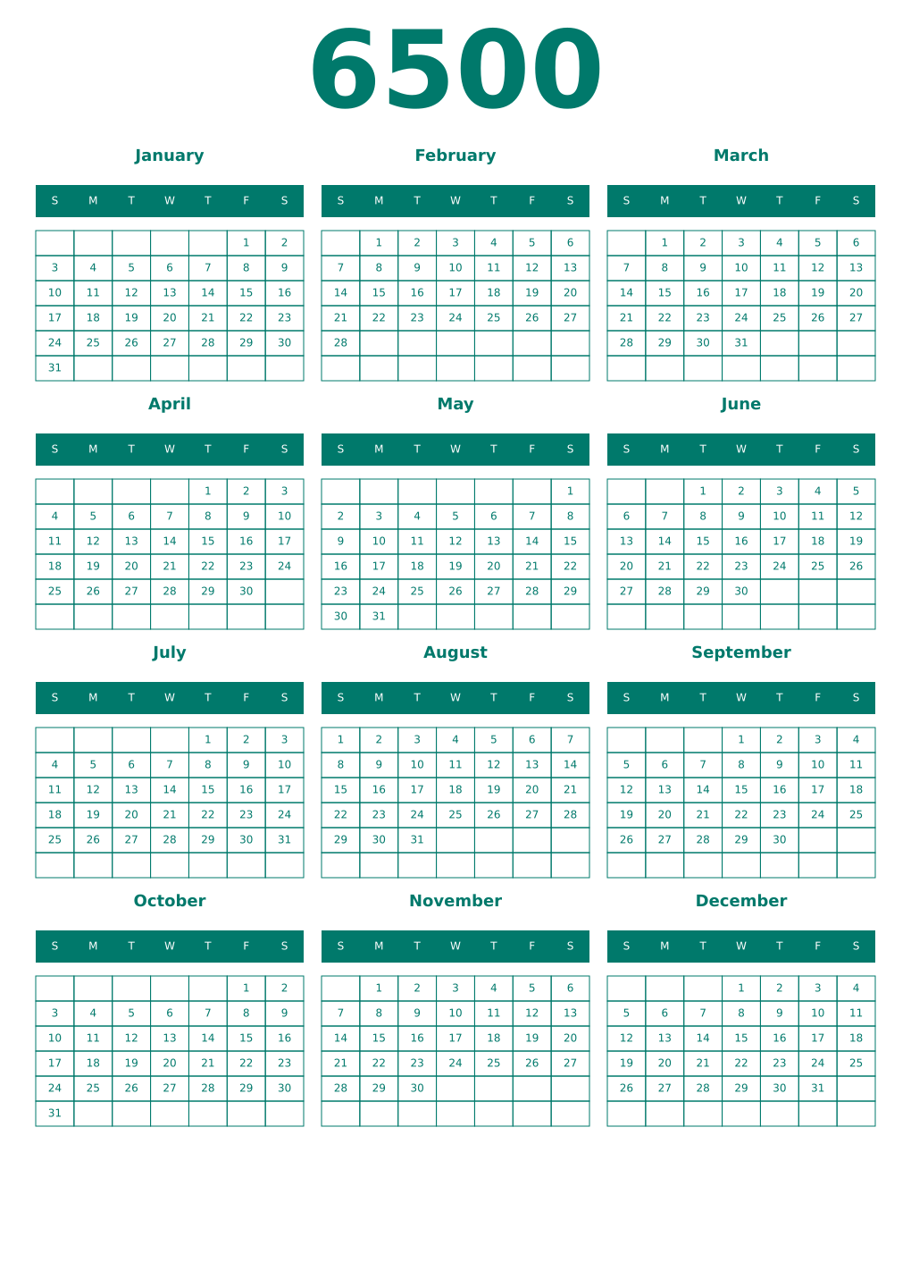 Printable 6500 Year Calendars pastel