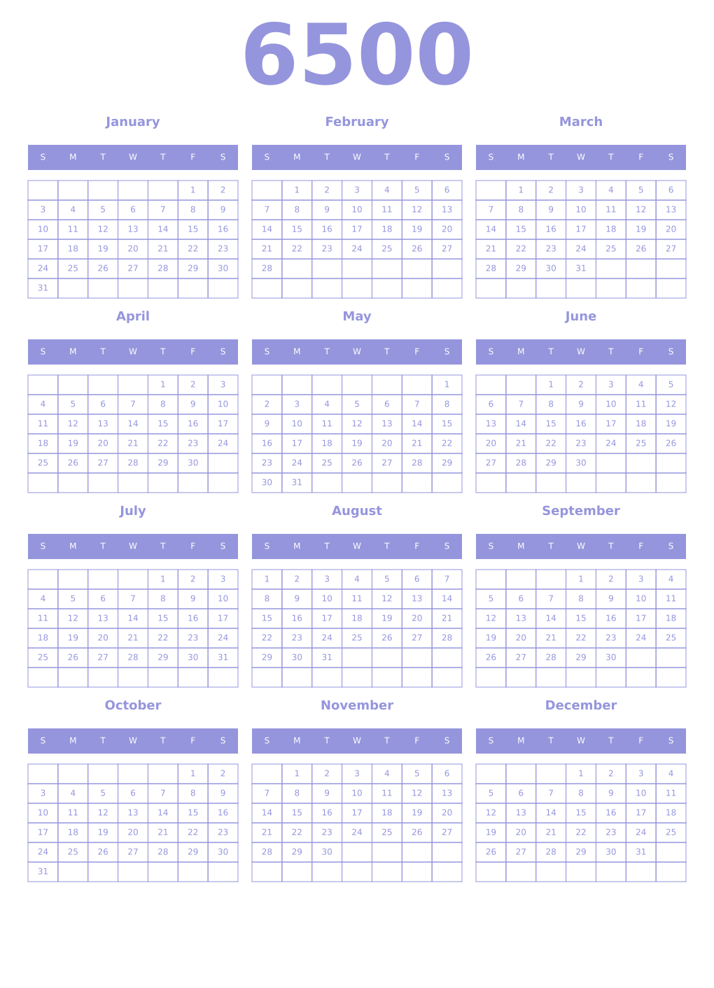 Printable 6500 Year Calendars periwinkle