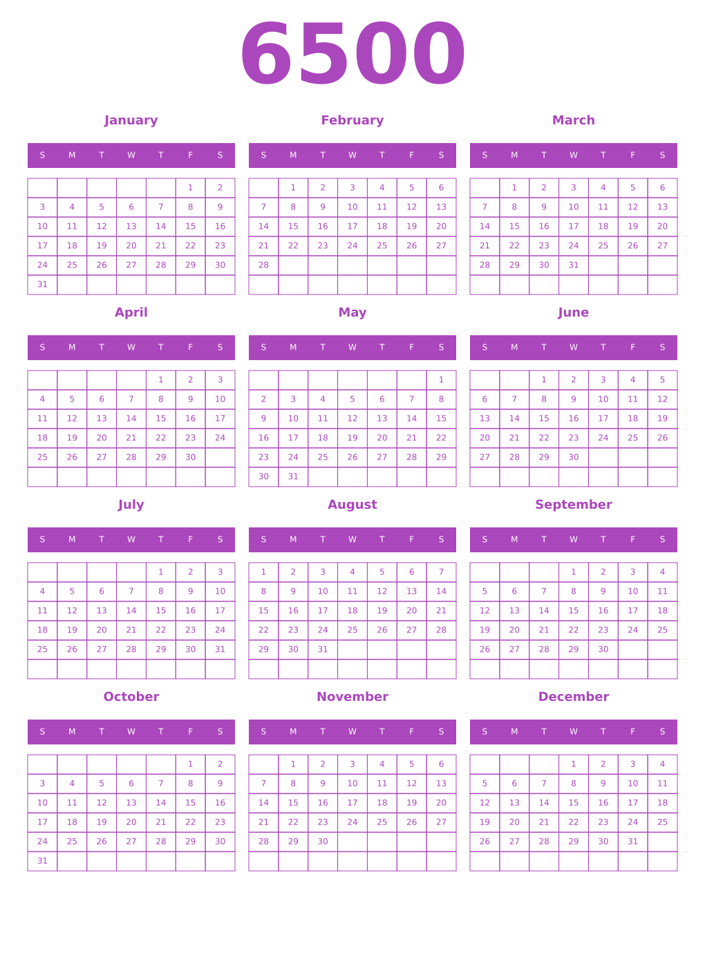 Printable 6500 Year Calendars purple