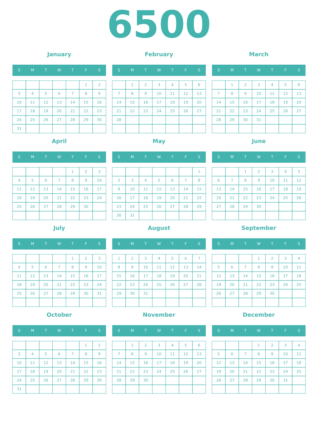 Printable 6500 Year Calendars verdigris