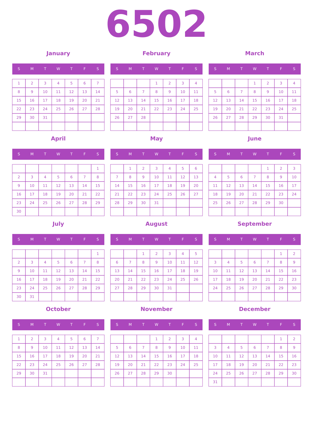 Printable 6502 Calendars