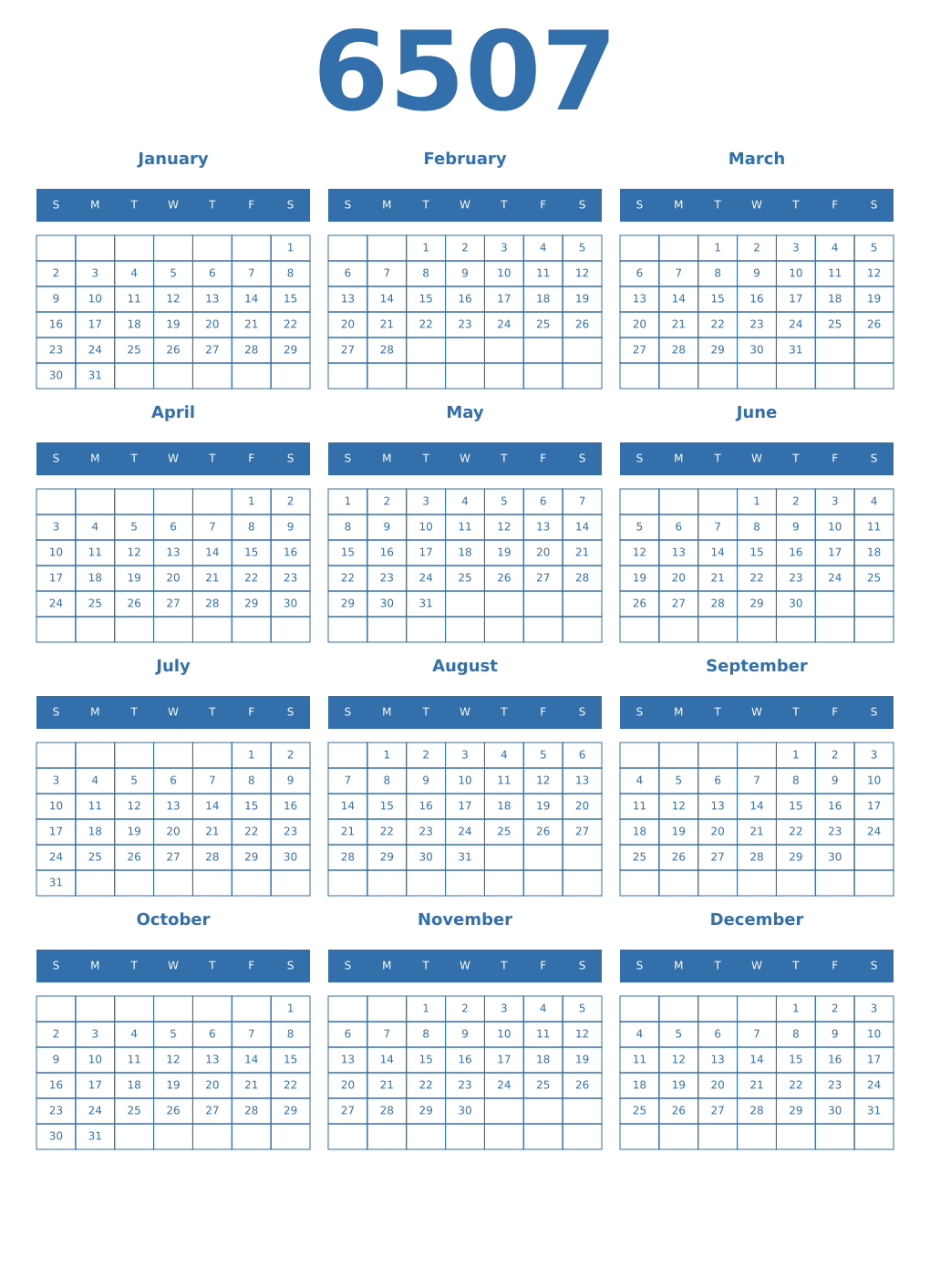 Printable 6507 Year Calendars blue