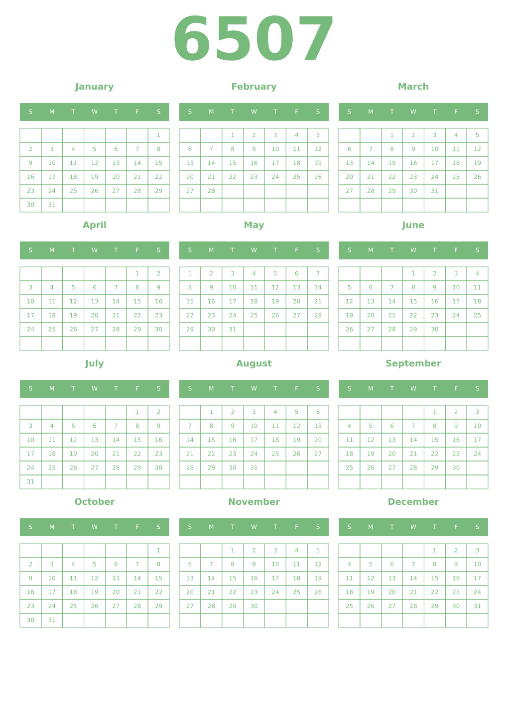 Printable 6507 Year Calendars celadon