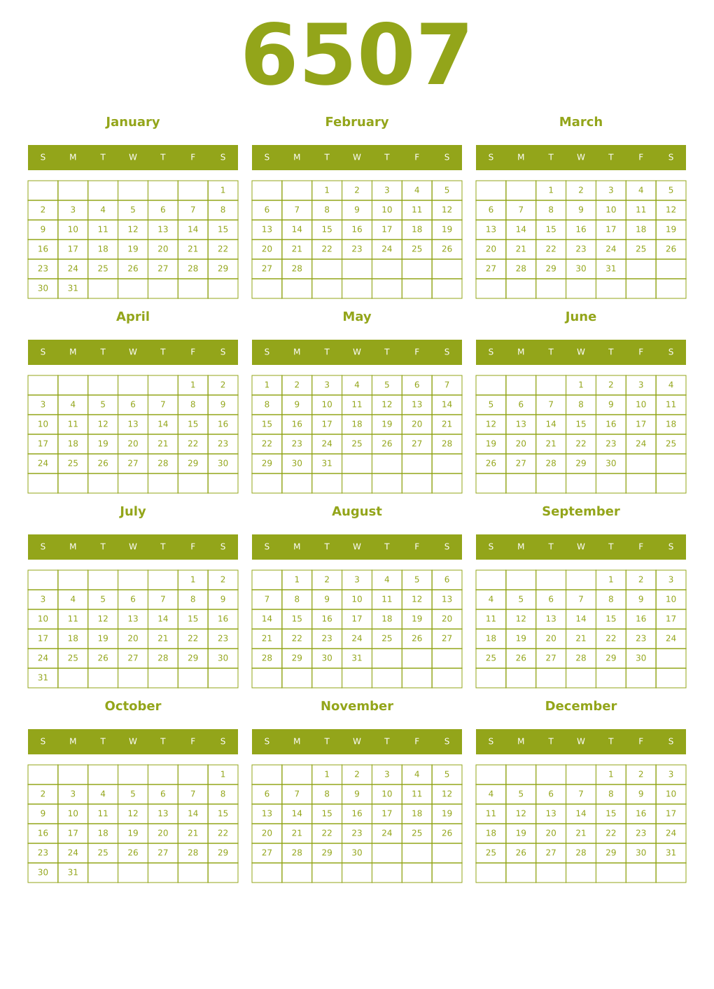 Printable 6507 Year Calendars chartreuse