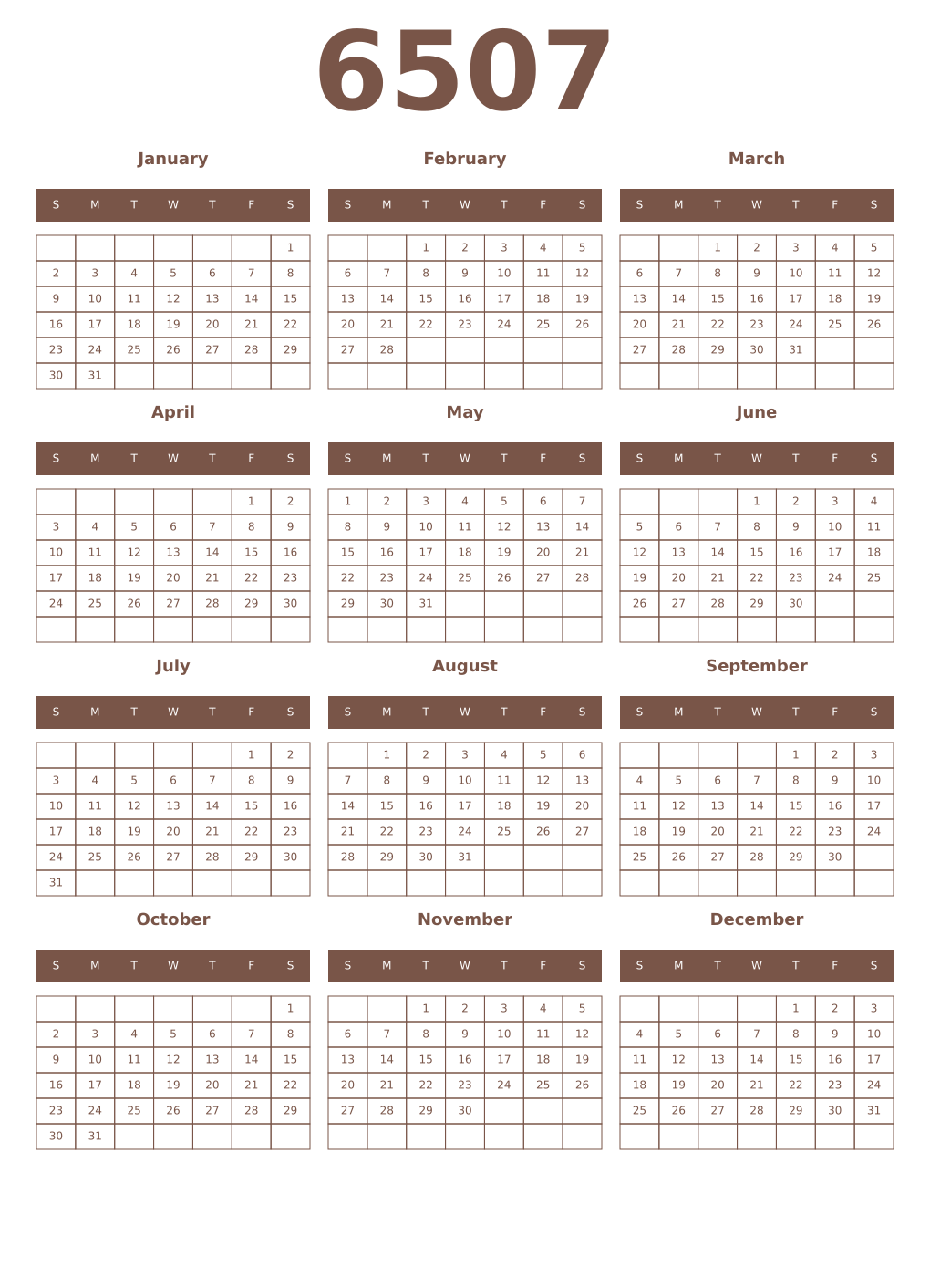 Printable 6507 Year Calendars coffe