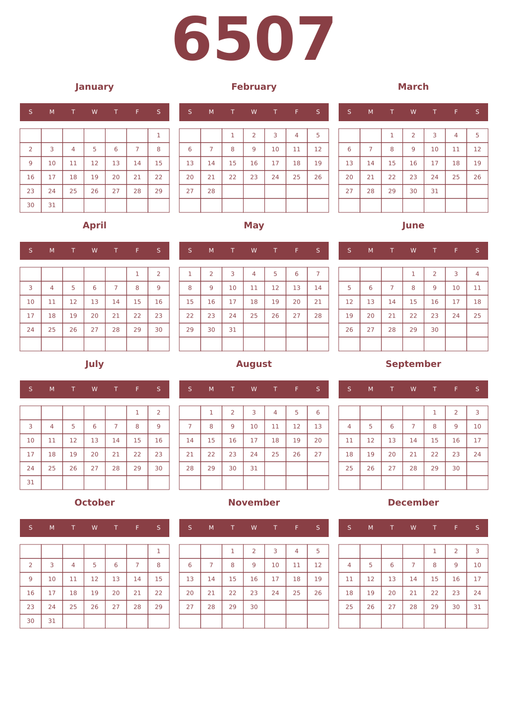 Printable 6507 Year Calendars cordovan