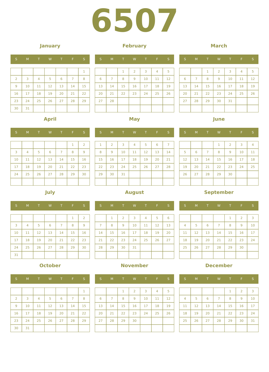 Printable 6507 Year Calendars eburnean