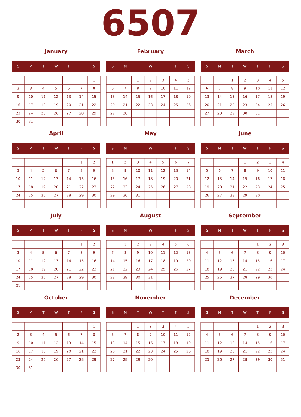 Printable 6507 Year Calendars falu